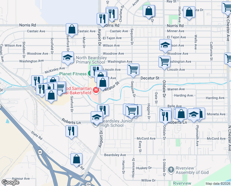 map of restaurants, bars, coffee shops, grocery stores, and more near 606 Belmont Avenue in Bakersfield
