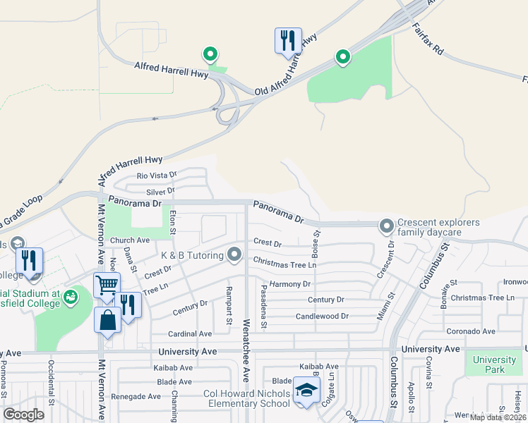 map of restaurants, bars, coffee shops, grocery stores, and more near 3113 Panorama Drive in Bakersfield