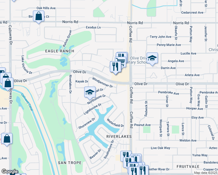 map of restaurants, bars, coffee shops, grocery stores, and more near 8319 Windjammer Drive in Bakersfield