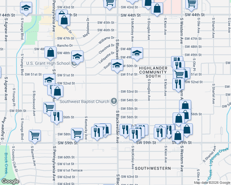 map of restaurants, bars, coffee shops, grocery stores, and more near 5401 South Blackwelder Avenue in Oklahoma City