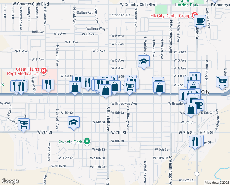 map of restaurants, bars, coffee shops, grocery stores, and more near 1029 West 3rd Street in Elk City