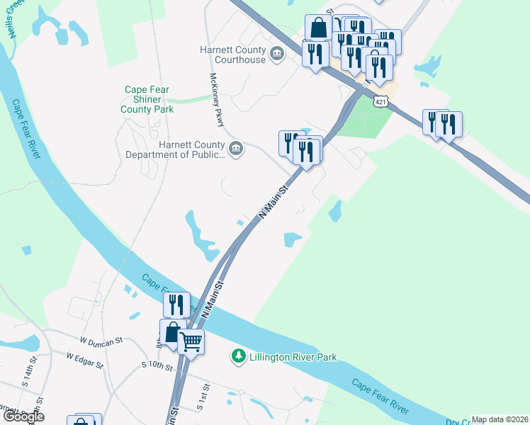 map of restaurants, bars, coffee shops, grocery stores, and more near 101-799 North Main Street in Lillington