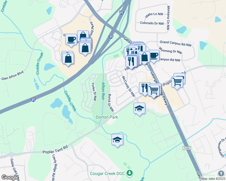 map of restaurants, bars, coffee shops, grocery stores, and more near Burck Drive Northwest in Concord