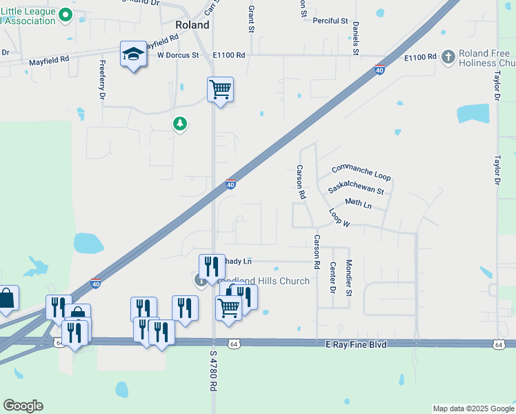 map of restaurants, bars, coffee shops, grocery stores, and more near 119 Lanita Drive in Roland