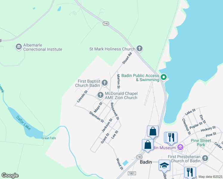 map of restaurants, bars, coffee shops, grocery stores, and more near 716 Roosevelt Street in Badin