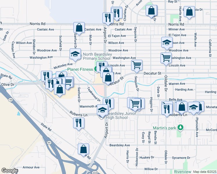 map of restaurants, bars, coffee shops, grocery stores, and more near 630 Airport Drive in Bakersfield