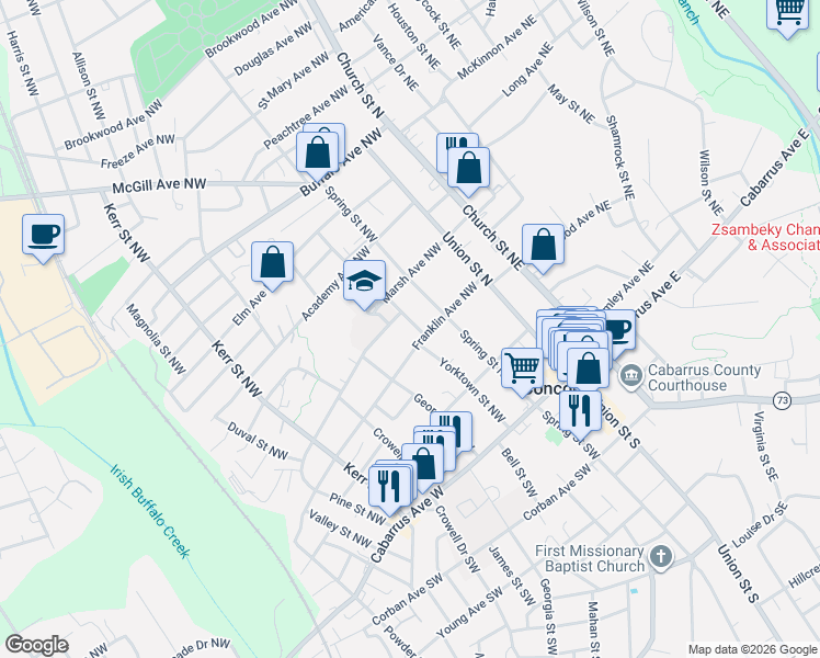 map of restaurants, bars, coffee shops, grocery stores, and more near 135 Beech Street Northwest in Concord