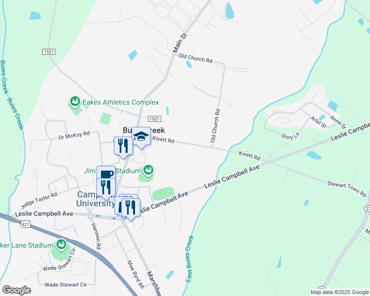 map of restaurants, bars, coffee shops, grocery stores, and more near 246 Kivett Road in Lillington