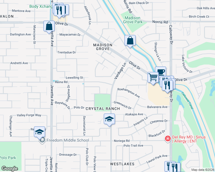 map of restaurants, bars, coffee shops, grocery stores, and more near 5710 Meadow Valley Court in Bakersfield