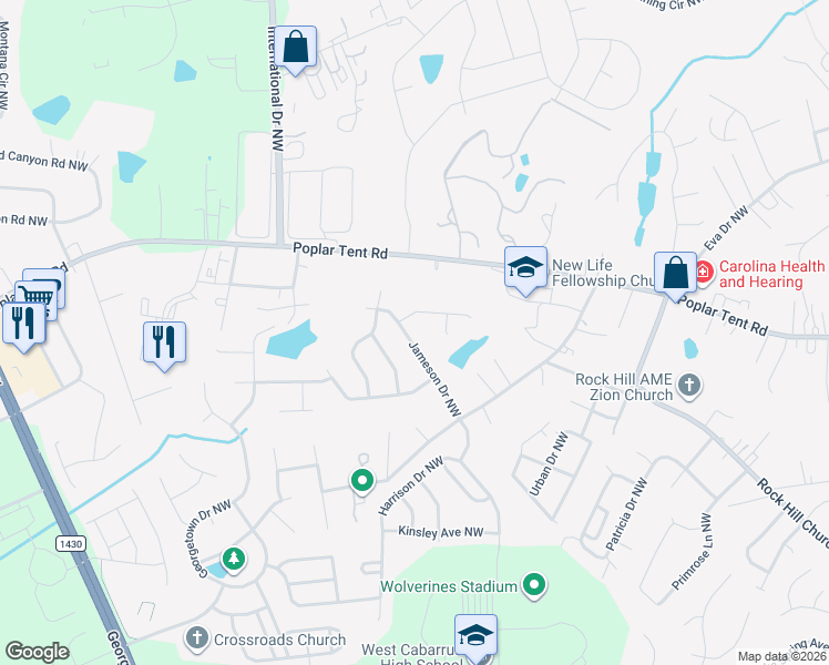 map of restaurants, bars, coffee shops, grocery stores, and more near 2692 Jameson Drive Northwest in Concord