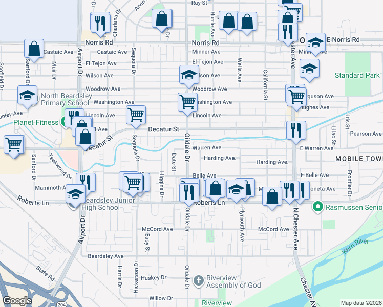 map of restaurants, bars, coffee shops, grocery stores, and more near 608 Oildale Drive in Bakersfield