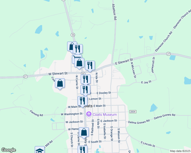 map of restaurants, bars, coffee shops, grocery stores, and more near 111 East Park Street in Coats
