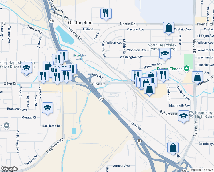 map of restaurants, bars, coffee shops, grocery stores, and more near 1575 Olive Drive in Bakersfield