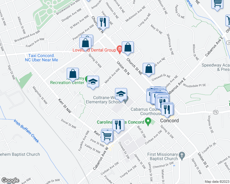 map of restaurants, bars, coffee shops, grocery stores, and more near 74 Franklin Avenue Northwest in Concord