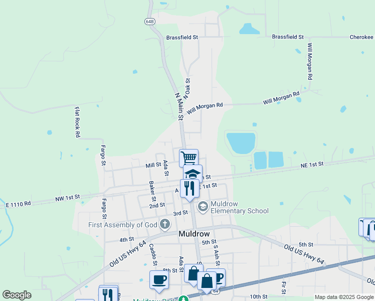 map of restaurants, bars, coffee shops, grocery stores, and more near 205 North Main Street in Muldrow