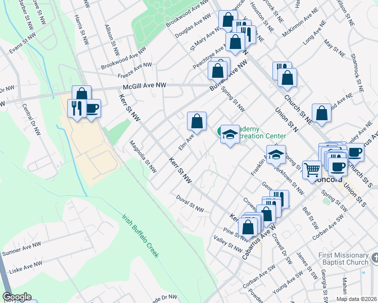 map of restaurants, bars, coffee shops, grocery stores, and more near 210 Odell Drive Northwest in Concord