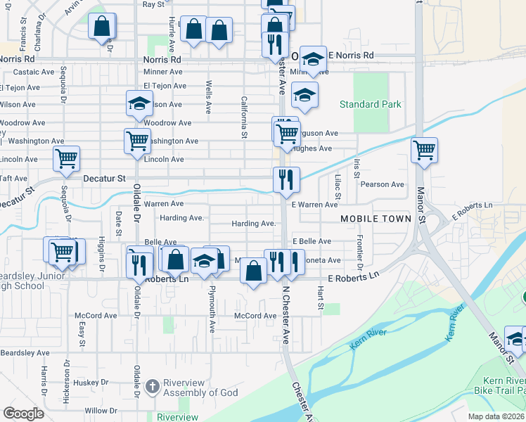 map of restaurants, bars, coffee shops, grocery stores, and more near 111 Warren Avenue in Bakersfield