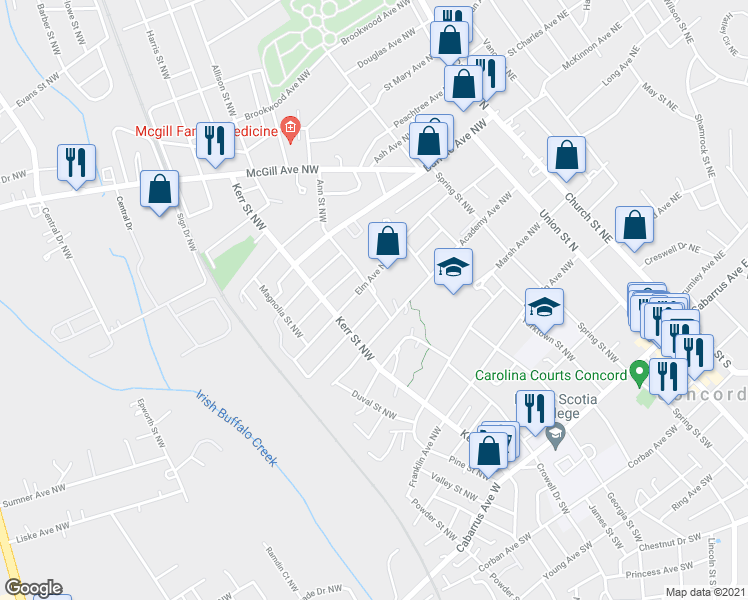 map of restaurants, bars, coffee shops, grocery stores, and more near 210 Odell Drive Northwest in Concord