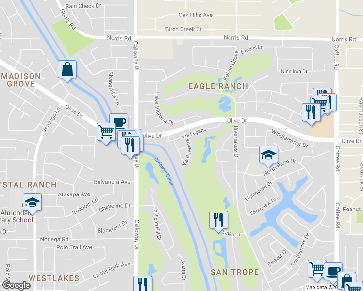 map of restaurants, bars, coffee shops, grocery stores, and more near 9308 Via Parma in Bakersfield