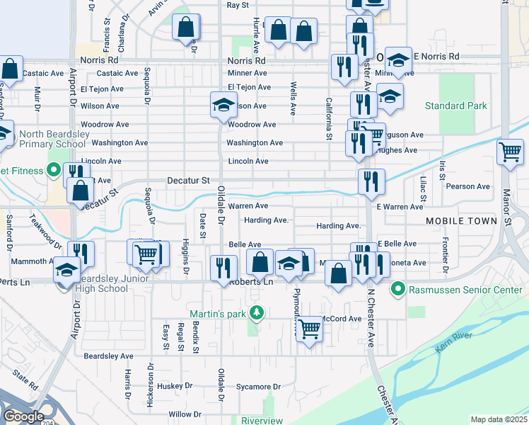 map of restaurants, bars, coffee shops, grocery stores, and more near 327 Warren Avenue in Bakersfield