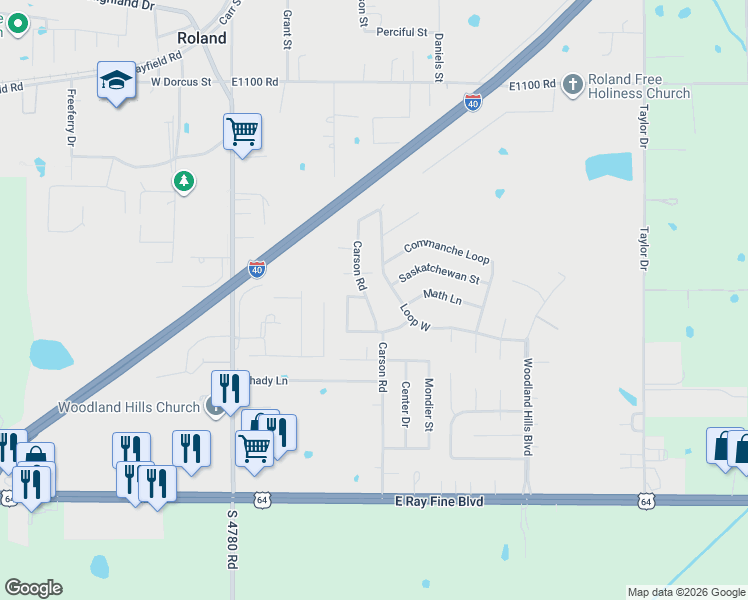 map of restaurants, bars, coffee shops, grocery stores, and more near 506 Carson Road in Roland