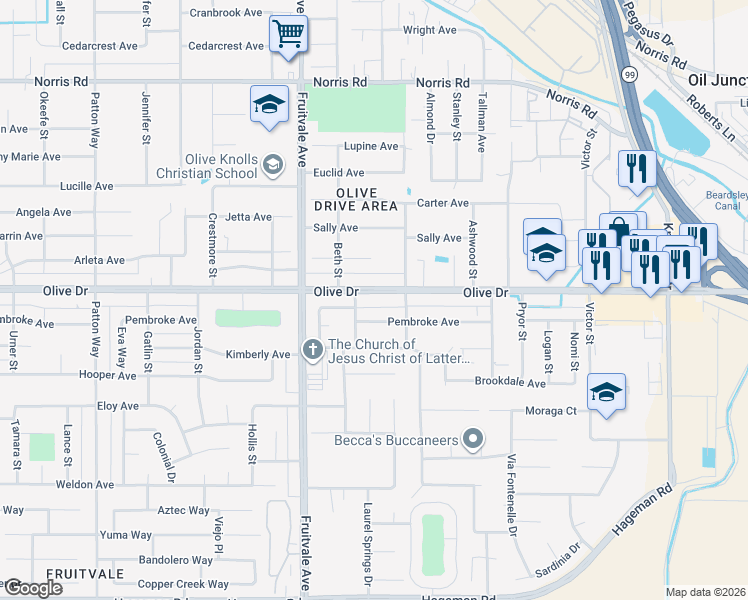 map of restaurants, bars, coffee shops, grocery stores, and more near 6101 Olive Dr in Bakersfield