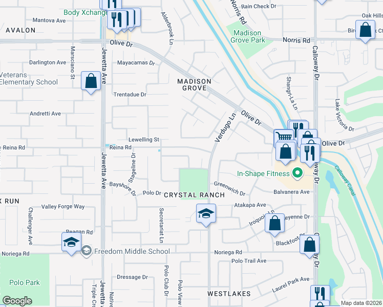 map of restaurants, bars, coffee shops, grocery stores, and more near 10608 Falling Springs Avenue in Bakersfield