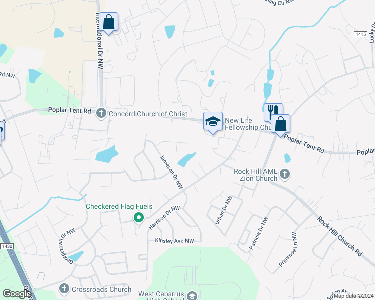 map of restaurants, bars, coffee shops, grocery stores, and more near 558 Brightleaf Place Northwest in Concord