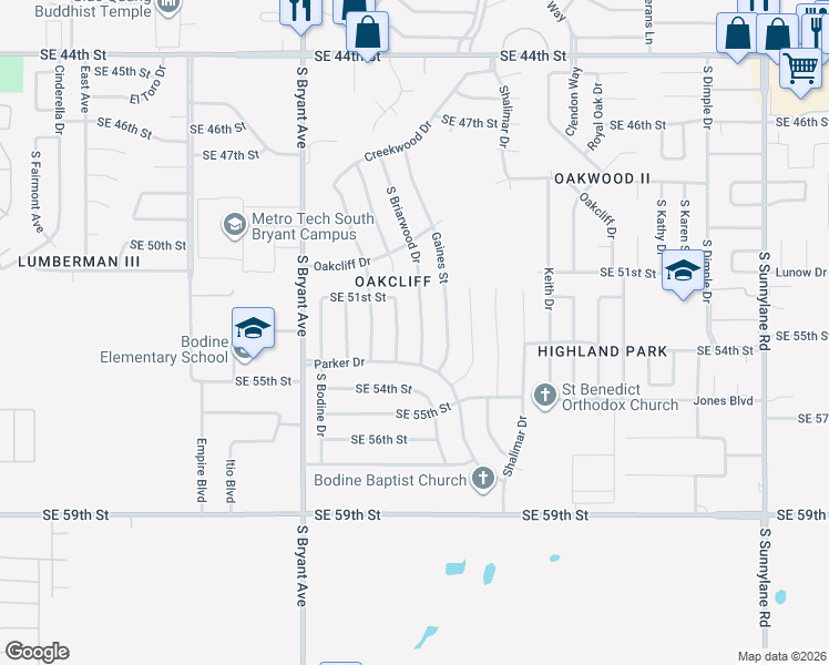 map of restaurants, bars, coffee shops, grocery stores, and more near 5305 South Briarwood Drive in Oklahoma City