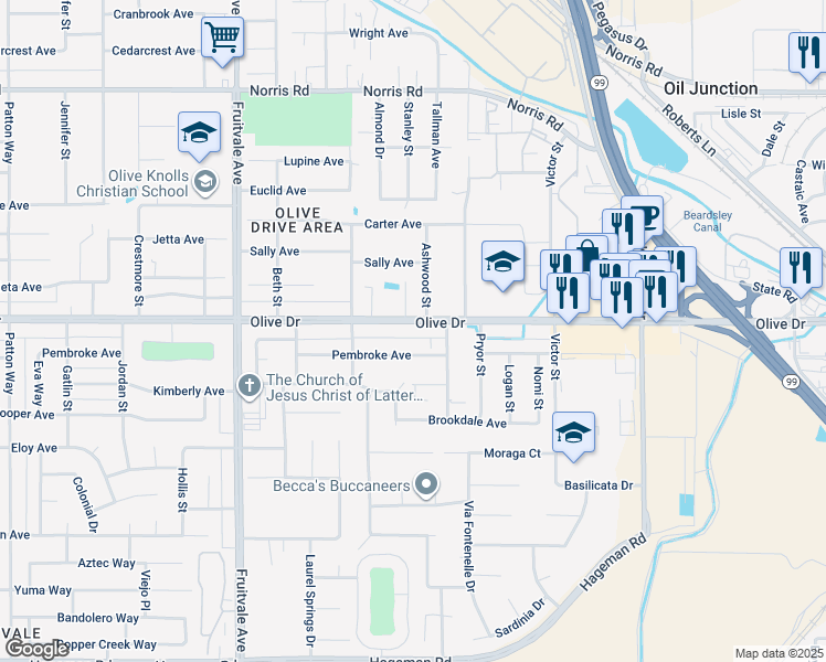 map of restaurants, bars, coffee shops, grocery stores, and more near 5725 Olive Drive in Bakersfield