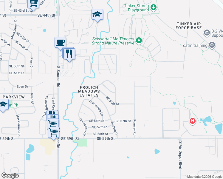 map of restaurants, bars, coffee shops, grocery stores, and more near 5420 Sudbury Lane in Oklahoma City