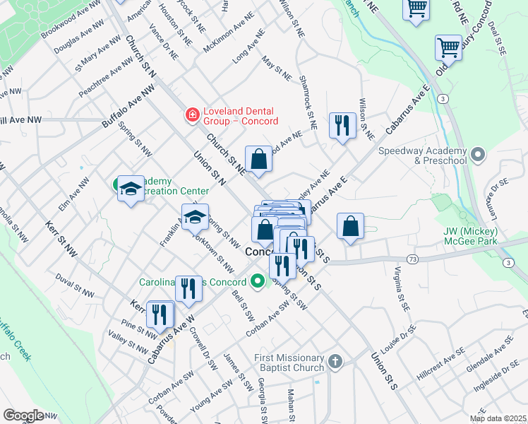map of restaurants, bars, coffee shops, grocery stores, and more near 31 Church Street South in Concord