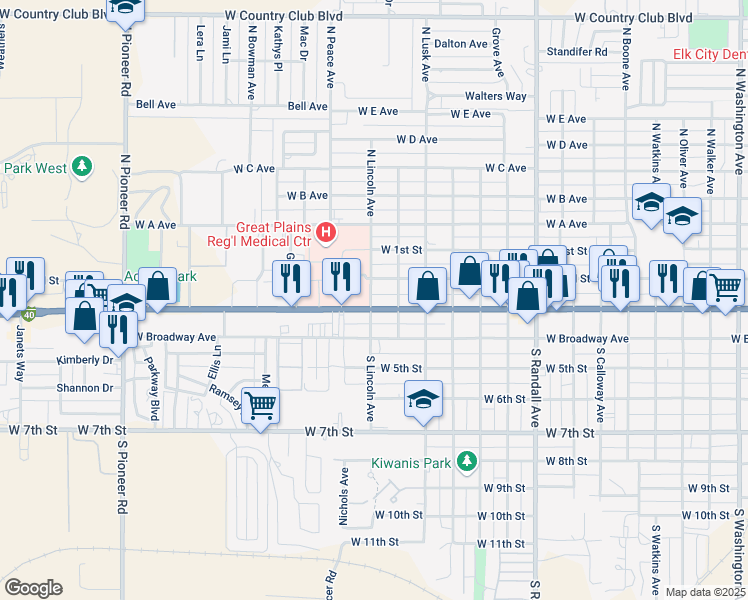 map of restaurants, bars, coffee shops, grocery stores, and more near 1621 West 3rd Street in Elk City
