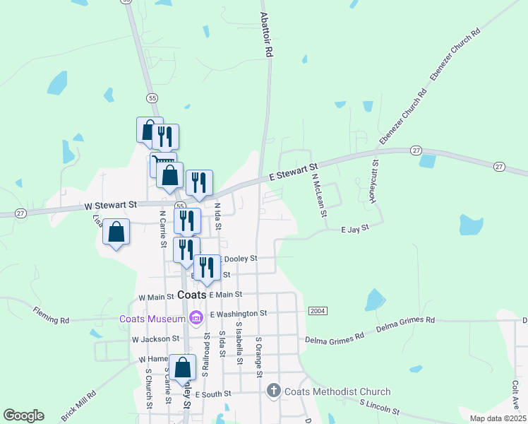 map of restaurants, bars, coffee shops, grocery stores, and more near 276 N Orange St in Coats