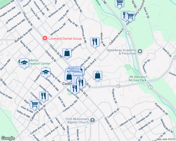 map of restaurants, bars, coffee shops, grocery stores, and more near 68 Cabarrus Avenue East in Concord