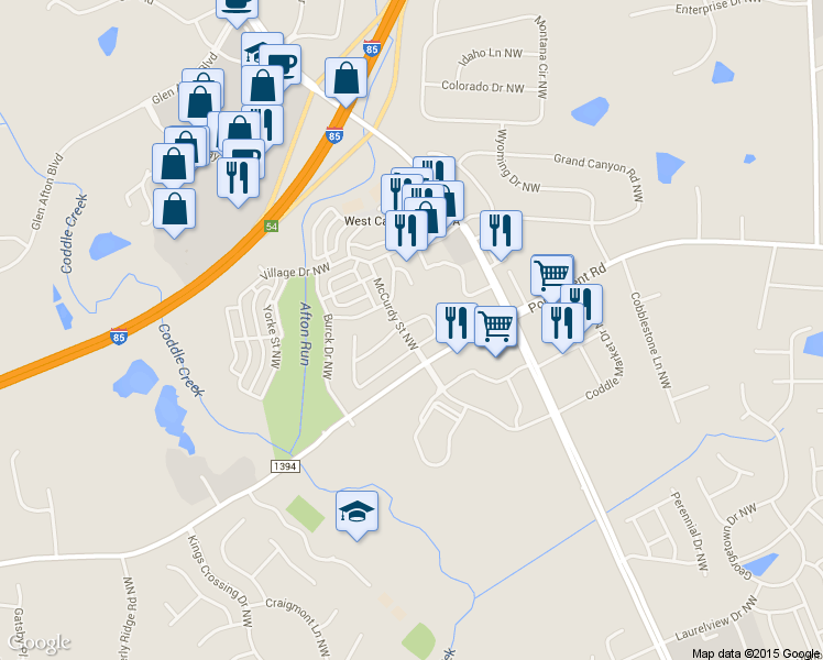 map of restaurants, bars, coffee shops, grocery stores, and more near 5452 Coleman Circle Northwest in Concord