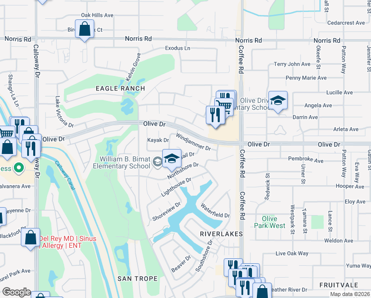 map of restaurants, bars, coffee shops, grocery stores, and more near 5706 Lily Pad Court in Bakersfield