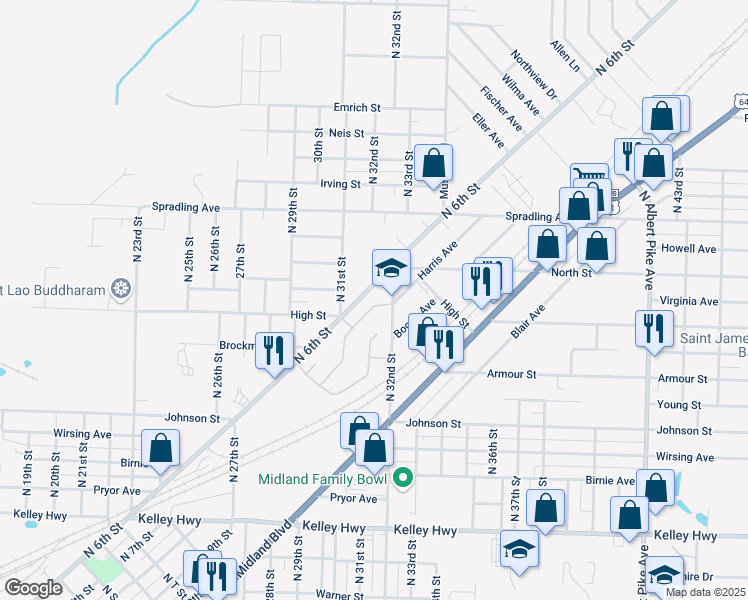 map of restaurants, bars, coffee shops, grocery stores, and more near 3131 Harris Street in Fort Smith