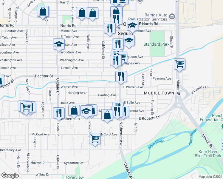 map of restaurants, bars, coffee shops, grocery stores, and more near 111 Warren Avenue in Bakersfield