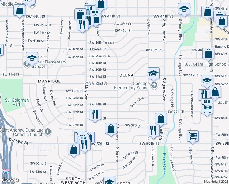 map of restaurants, bars, coffee shops, grocery stores, and more near 2704 Southwest 53rd Street in Oklahoma City
