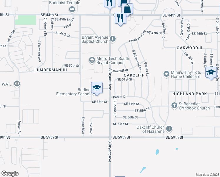 map of restaurants, bars, coffee shops, grocery stores, and more near 5301 South Bryant Avenue in Oklahoma City