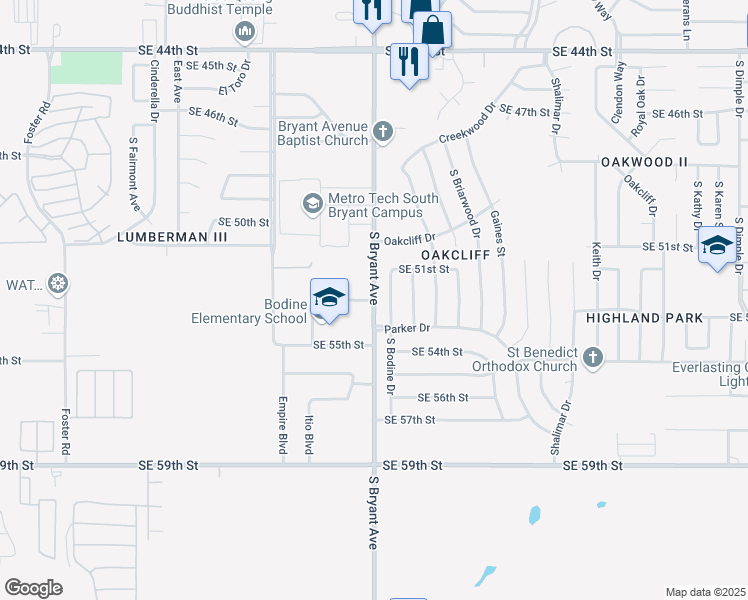 map of restaurants, bars, coffee shops, grocery stores, and more near 5301 South Bryant Avenue in Oklahoma City