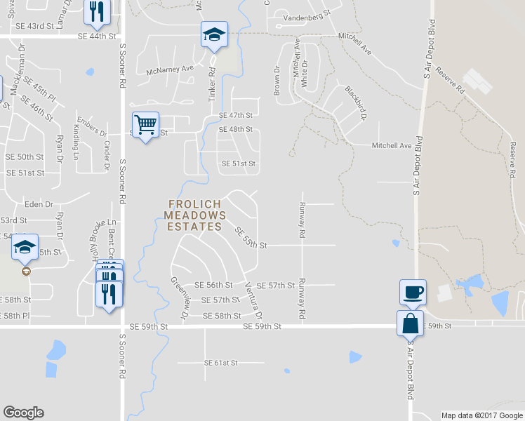 map of restaurants, bars, coffee shops, grocery stores, and more near 5416 Cloverlawn Drive in Oklahoma City