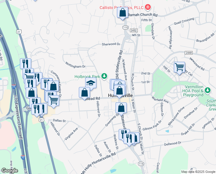 map of restaurants, bars, coffee shops, grocery stores, and more near 100 Sherwood Drive in Huntersville