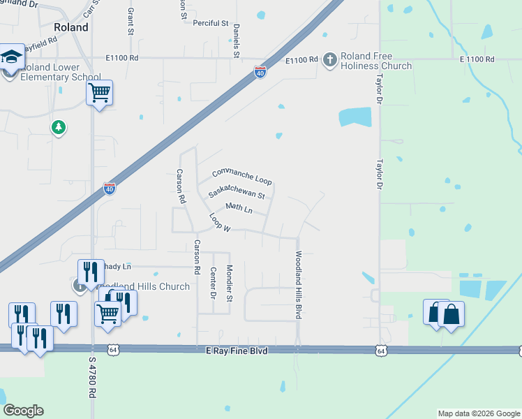 map of restaurants, bars, coffee shops, grocery stores, and more near 129 Math Lane in Roland