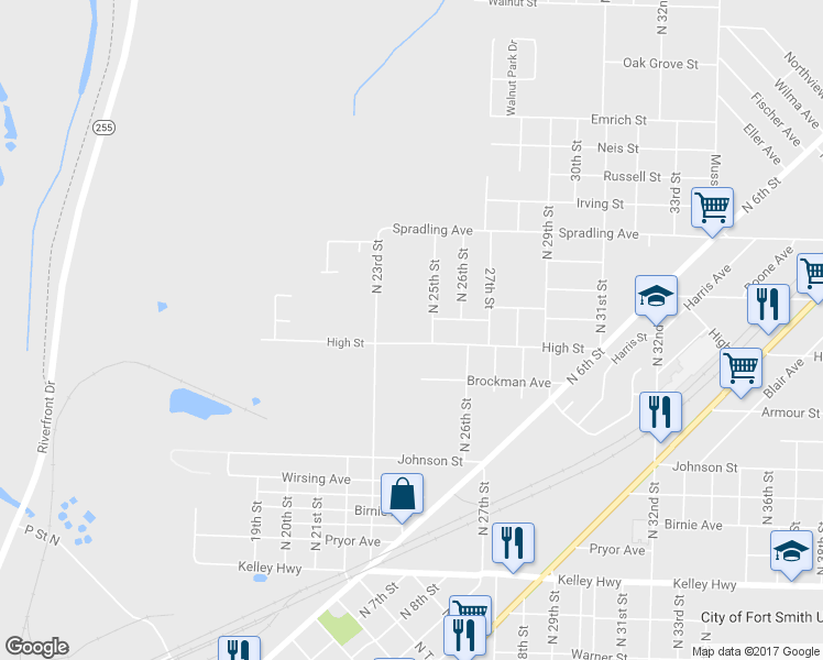 map of restaurants, bars, coffee shops, grocery stores, and more near 2405 High Street in Fort Smith