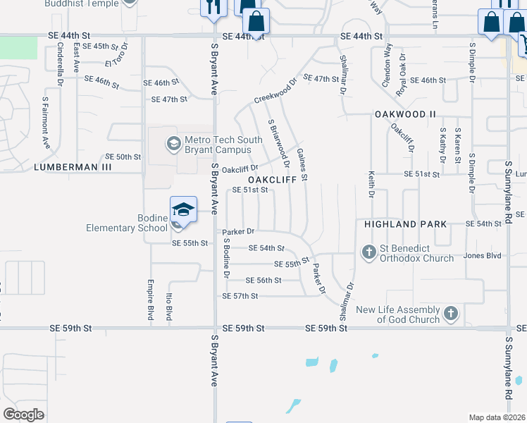 map of restaurants, bars, coffee shops, grocery stores, and more near 5305 Creekwood Terrace in Oklahoma City