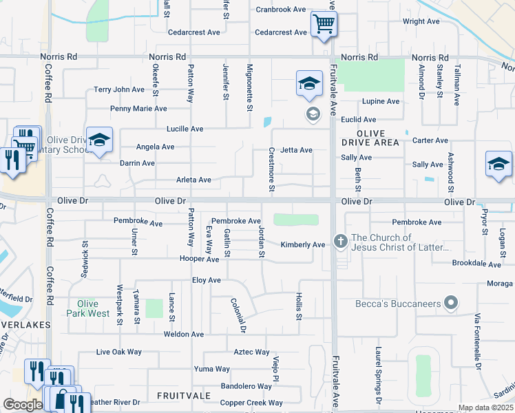 map of restaurants, bars, coffee shops, grocery stores, and more near 6901 Olive Drive in Bakersfield