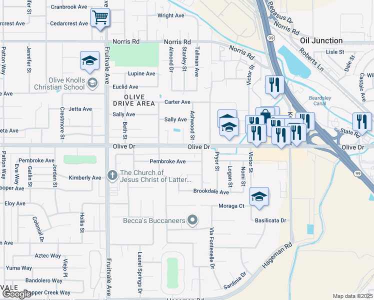 map of restaurants, bars, coffee shops, grocery stores, and more near 5725 Olive Drive in Bakersfield