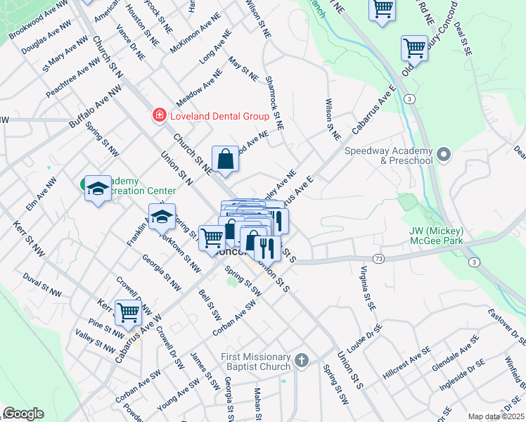 map of restaurants, bars, coffee shops, grocery stores, and more near 47 Cabarrus Avenue West in Concord